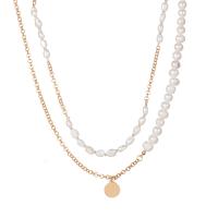 Multi Layer Necklace Freshwater Pearl with Zinc Alloy with 7cm extender chain Flat Round gold color plated 2 pieces & fashion jewelry & adjustable & for woman golden nickel lead & cadmium free 16mm Length 40 cm Sold By PC