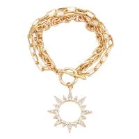 Pulseira de liga de zinco, cromado de cor dourada, joias de moda & multicamada & para mulher & com strass, dourado, 39mm, comprimento 19.5 cm, vendido por PC