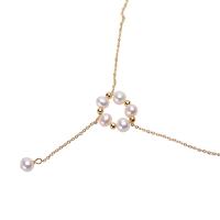 Ожерелье из пресноводных жемчуг на латунной цепочке, Латунь, с Пресноводные жемчуги, Круглая, плакирован золотом, Женский, белый, не содержит никель, свинец, 5-6mm, длина:16.93 дюймовый, продается PC