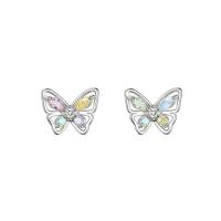 Cubic Zirconia Micro Pave Sterling Silver Earring, 925 Sterling Silver, Butterfly, silver color plated, micro pave cubic zirconia & for woman, silver color, 9x7mm, Sold By Pair