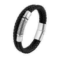 PU Leather Cord Bracelets, 316L Stainless Steel, with PU Leather, polished, different size for choice & for man, black, Length:Approx 8.26 Inch, Sold By PC