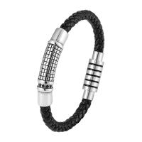 ПУ шнур браслеты, Нержавеющая сталь 316, с Искусственная кожа, полированный, разные стили для выбора & Мужский, черный, длина:Приблизительно 8.26 дюймовый, продается PC