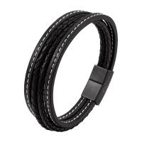 PU Leather Cord Bracelets, 316L Stainless Steel, with PU Leather, Vacuum Ion Plating, multilayer & for man, black, Length:Approx 8.26 Inch, Sold By PC
