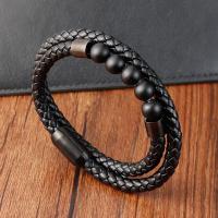 PU Leather Cord Bracelets 316L Stainless Steel with Abrazine Stone & PU Leather & Lava polished Double Layer & for man black Length Approx 8.26 Inch Sold By PC