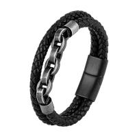 PU Leather Cord Bracelets, 316L Stainless Steel, with PU Leather, polished, different styles for choice & for man, black, Length:Approx 8.26 Inch, Sold By PC