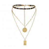 Vintage Coin Statement Necklace, Tibetan Style, with PU Leather, with 3.93 inch extender chain, gold color plated, for man & with rhinestone & multi-strand, 50cm,40cm,32cm, 5PCs/Lot, Sold By Lot