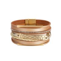 PU Leather Cord Bracelets Zinc Alloy with PU Leather Round gold color plated fashion jewelry & multilayer & for woman & with rhinestone Sold By PC