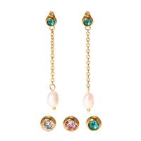 Stainless Steel Drop Earring, 304 Stainless Steel, with Cubic Zirconia & Plastic Pearl, Vacuum Ion Plating, for woman, more colors for choice, 52mm, Sold By Pair