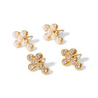 Stainless Steel Stud Earrings 304 Stainless Steel with Plastic Pearl Cross Vacuum Ion Plating for woman & with rhinestone Sold By Pair