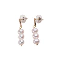 Freshwater Pearl Earrings with Brass Round gold color plated for woman & with rhinestone white 7-8mm Sold By Pair