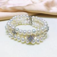 Freshwater Cultured Pearl Bracelet, Freshwater Pearl, with Brass, Round, silver color plated, multilayer & for woman & with rhinestone, white, 6-7mm, Length:7.1 Inch, Sold By PC