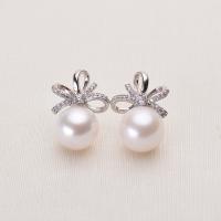 Freshwater Pearl Earrings, with Brass, Round, silver color plated, for woman & with rhinestone, white, 10-11mm, Sold By Pair