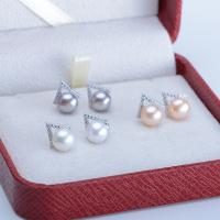 Freshwater Pearl Earrings with Brass Round silver color plated for woman & with rhinestone 8-8.5mm Sold By Pair