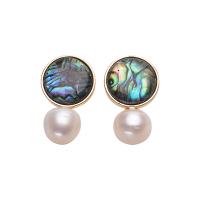 Freshwater Pearl Earrings, with Abalone Shell & Brass, Round, gold color plated, for woman, white, 10-11mm, Sold By Pair