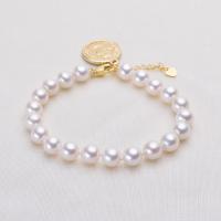 Bracelet en perles de culture d'eau douce, perle d'eau douce cultivée, avec laiton, Rond, Placage de couleur d'or, pour femme, blanc, 6-7mm, Longueur:7.1 pouce, Vendu par PC