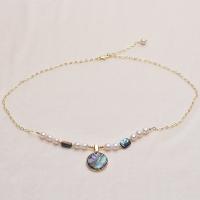 Freshwater Pearl Brass Necklace with Abalone Shell & Brass Round gold color plated for woman white Length 16.93 Inch Sold By PC
