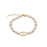 Bracelet en perles de culture d'eau douce, perle d'eau douce cultivée, avec laiton, Rond, Placage de couleur d'or, pour femme, blanc, 6-7mm, Longueur:7.1 pouce, Vendu par PC