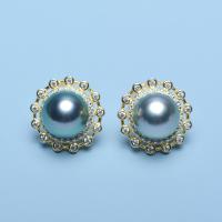 Freshwater Pearl Earrings, with Brass, Round, gold color plated, for woman & with rhinestone, 8-9mm, Sold By Pair