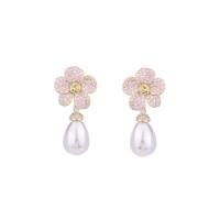 Cubic Zirconia Micro Pave Brass Earring, with Plastic Pearl, Flower, plated, fashion jewelry & micro pave cubic zirconia & for woman, more colors for choice, nickel, lead & cadmium free, 20x42mm, Sold By Pair