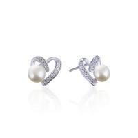 Freshwater Pearl Earrings, 925 Sterling Silver, with Freshwater Pearl, Heart, platinum plated, micro pave cubic zirconia & for woman, original color, 9.20x9.90mm, Sold By Pair