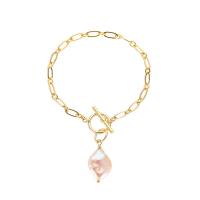 Freshwater Cultured Pearl Bracelet Brass with Freshwater Pearl plated for woman & with rhinestone Length Approx 6.69 Inch Sold By PC