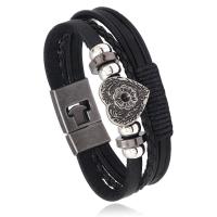 Cowhide Bracelet, Tibetan Style, with PU Leather & Cowhide & Wax Cord & Copper Coated Plastic, fashion jewelry & multilayer & punk style & Unisex, black, nickel, lead & cadmium free, 20mm, Length:Approx 8.46 Inch, Sold By PC
