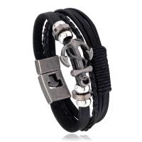 Cowhide Bracelet, with PU Leather & Wax Cord & Copper Coated Plastic & Tibetan Style, fashion jewelry & multilayer & punk style & Unisex, black, 20mm, Length:Approx 8.46 Inch, Sold By PC