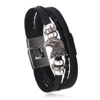 Cowhide Bracelet with PU Leather & Wax Cord & Copper Coated Plastic & Zinc Alloy fashion jewelry & multilayer & punk style & Unisex black 20mm Length Approx 8.46 Inch Sold By PC