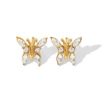 Stainless Steel Stud Earrings, 304 Stainless Steel, with Cubic Zirconia, Butterfly, Vacuum Ion Plating, fashion jewelry & for woman, golden, 10x11mm, Sold By Pair