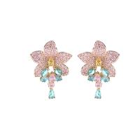 Cubic Zirconia Micro Pave Brass Earring Flower gold color plated fashion jewelry & micro pave cubic zirconia & for woman nickel lead & cadmium free Sold By Pair