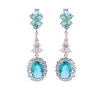 Cubic Zirconia Micro Pave Brass Earring Flower gold color plated fashion jewelry & micro pave cubic zirconia & for woman light blue nickel lead & cadmium free Sold By Pair