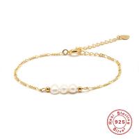 925 Sterling Silver Bangle Bracelet, with Freshwater Pearl, gold color plated, fashion jewelry & for woman, gold, 200mm, Sold By PC