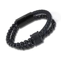 PU Leather Cord Bracelets, 304 Stainless Steel, with PU Leather, Vacuum Ion Plating, Double Layer & multilayer, black, Length:Approx 8.07 Inch, Sold By PC