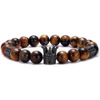 Natural Tiger Eye Bracelets, with Brass, Crown, fashion jewelry & Unisex & micro pave cubic zirconia, more colors for choice, 8mm, Length:Approx 7.48 Inch, Sold By PC