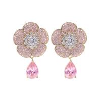 Cubic Zircon (CZ) Drop Earring Brass Flower gold color plated fashion jewelry & micro pave cubic zirconia & for woman pink nickel lead & cadmium free Sold By Pair
