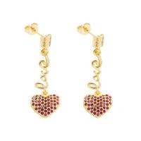 Cubic Zirconia Micro Pave Brass Earring, Heart, gold color plated, micro pave cubic zirconia & for woman, more colors for choice, 32x12mm, Sold By Pair