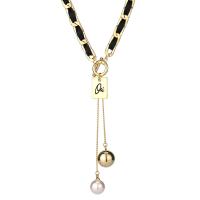 Titanium Steel Necklace with PU Leather & Plastic Pearl with 2.75inch extender chain Geometrical Pattern real gold plated Korean style & with letter pattern & for woman & enamel Length Approx 12.6 Inch Sold By PC