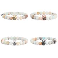 Natural Amazonite Bracelets, ​Amazonite​, with Brass, Crown, fashion jewelry & Unisex & micro pave cubic zirconia & frosted, more colors for choice, 8mm, Length:Approx 7.48 Inch, Sold By PC