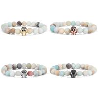 Natural Amazonite Bracelets, ​Amazonite​, with Brass, Skull, fashion jewelry & Unisex & micro pave cubic zirconia & frosted, more colors for choice, 8mm, Length:Approx 7.48 Inch, Sold By PC