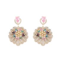 Cubic Zirconia Micro Pave Brass Earring, Flower, gold color plated, fashion jewelry & micro pave cubic zirconia & for woman, multi-colored, nickel, lead & cadmium free, 23x34mm, Sold By Pair
