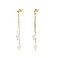 Stainless Steel Drop Earring, 304 Stainless Steel, with Freshwater Pearl, Vacuum Ion Plating, fashion jewelry & for woman, golden, 62mm, Sold By Pair
