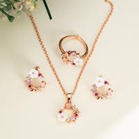 Brass Jewelry Set, Stud Earring & finger ring & necklace, with Shell, plated, fashion jewelry & micro pave cubic zirconia & for woman, multi-colored, Length:45 cm, Sold By Set