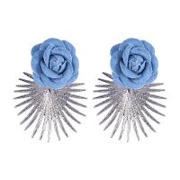 Bijoux boucles d'oreilles, alliage de zinc, avec tissu, bijoux de mode & pour femme, bleu, 80x57mm, Vendu par paire