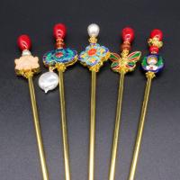 Hair Stick Brass with Plastic Pearl & Cloisonne gold color plated random style & for woman & enamel mixed colors nickel lead & cadmium free 170mm Sold By PC