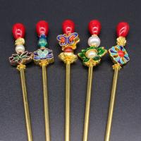 Hair Stick, Brass, with Plastic Pearl & Cloisonne, gold color plated, random style & for woman & enamel, mixed colors, nickel, lead & cadmium free, 170mm, Sold By PC