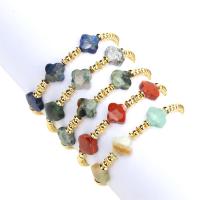 Gemstone Bracelets, Brass, with Gemstone, Four Leaf Clover, gold color plated, elastic & for woman & faceted, more colors for choice, nickel, lead & cadmium free, 12x12mm, Length:Approx 16-17 cm, Sold By PC