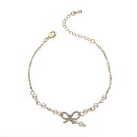 Zinc Alloy Bracelet with Plastic Pearl Bowknot gold color plated for woman & with rhinestone golden nickel lead & cadmium free Length 7.87 Inch Sold By PC