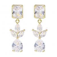 Brass Drop Earring, gold color plated, fashion jewelry & for woman & with cubic zirconia, golden, 34x10mm, Sold By Pair
