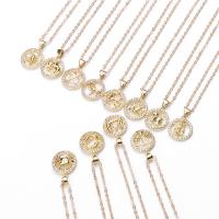 Cubic Zircon Micro Pave Brass Necklace with 5cm extender chain Flat Round gold color plated Zodiac symbols jewelry & micro pave cubic zirconia & for woman nickel lead & cadmium free 16mm Length Approx 45 cm Sold By PC