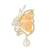 Shell Brooch, Brass, with Shell Pearl & Shell, Butterfly, gold color plated, micro pave cubic zirconia & for woman, yellow, nickel, lead & cadmium free, 57x33mm, Sold By PC